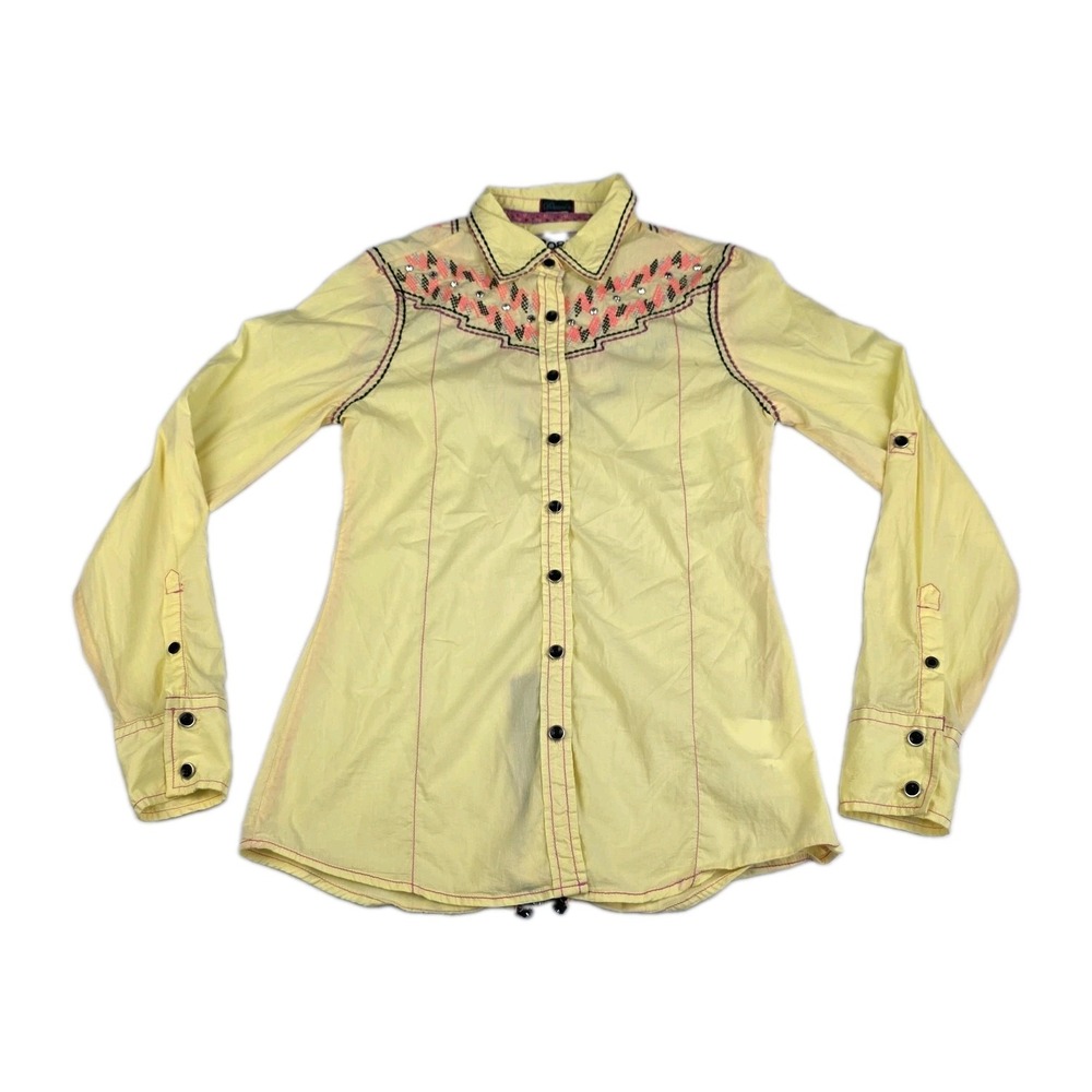 Roar Shirt Womens Size Small Yellow Embroidered Western Rhinestones Back Zip